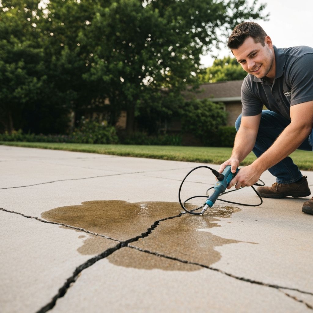 Professional slab leak detection in residential driveway