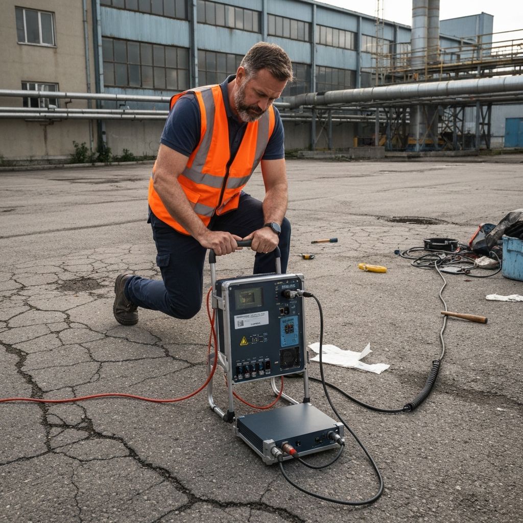 Professional underground water leak detection technician with acoustic equipment